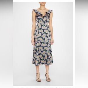 NWT SALONI HOLLY RUFFLED FLORAL-PRINT SILK MIDI DRESS IN 1676-EBONY DRAGON, 10